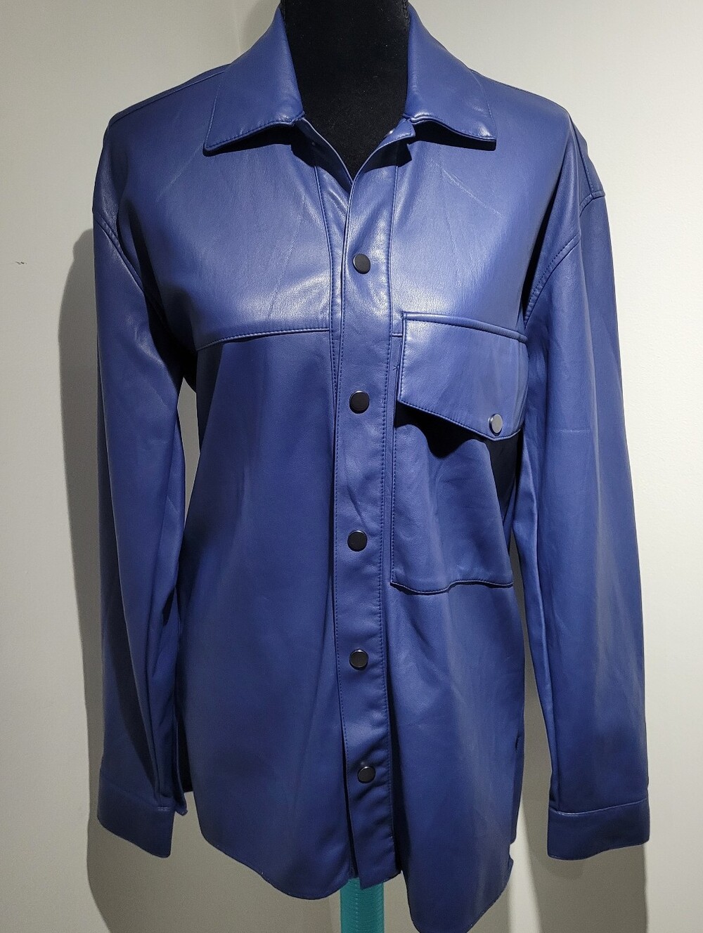 Zara Women's Vegan Faux Leather Snap Enclosure Shacket Medium Blue Bikercore